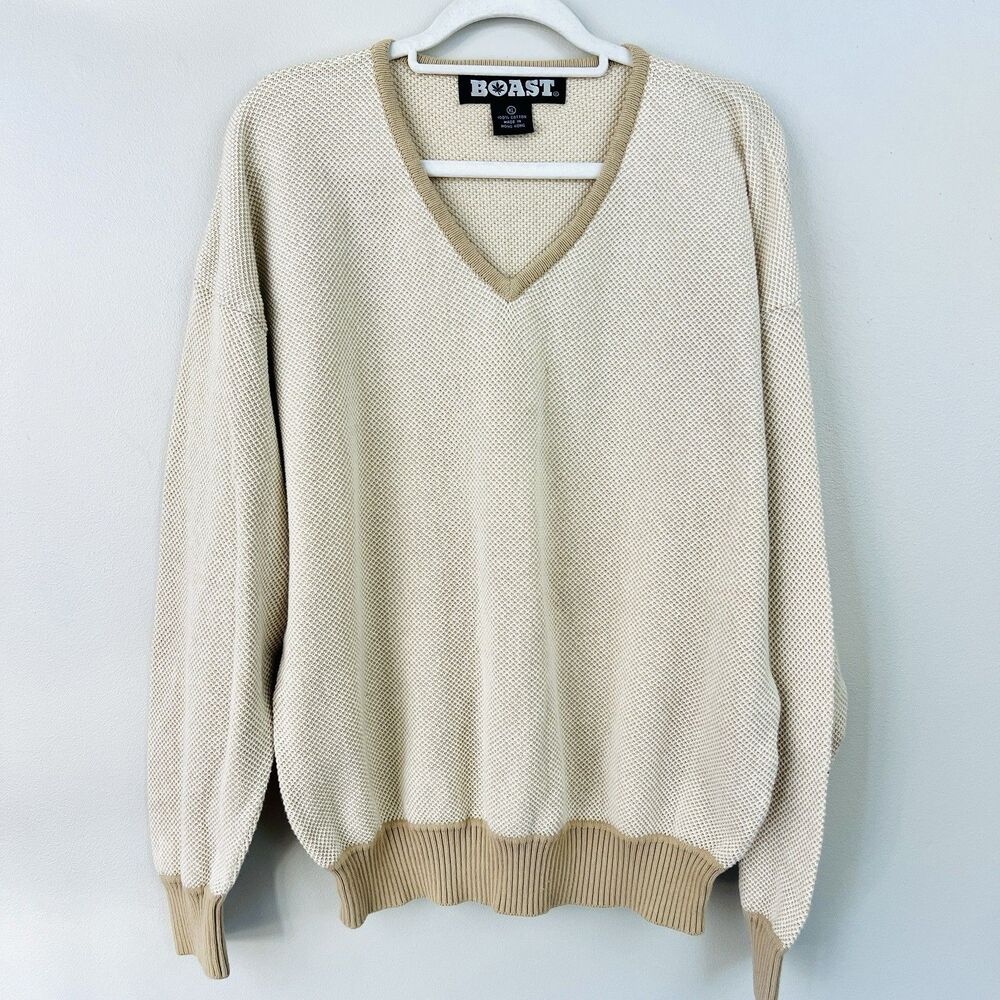 Vintage Boast Cream Beige Waffleknit V Neck Preppy Heritage Sweater Canadian XL